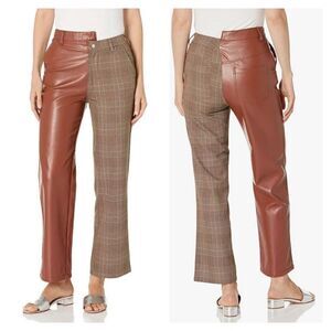 Steve Madden Plaid Brown Vegan Leather Mackenzie Split Pants Size 24 NWT